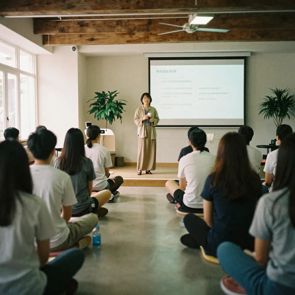 Open interior with seating and natural light through large windows